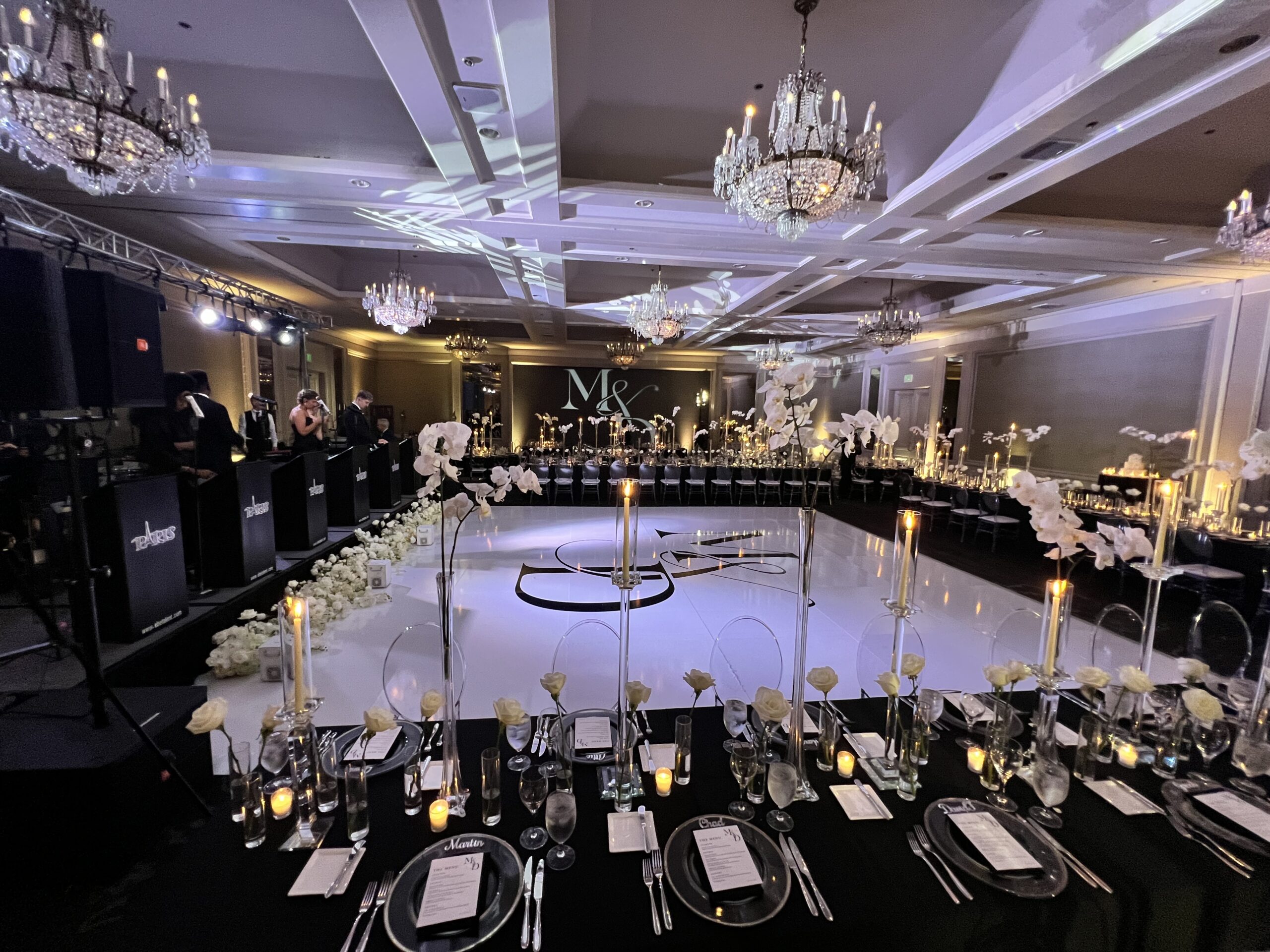 Custom Wedding Floor Wrap Floor wrap setup at a wedding reception