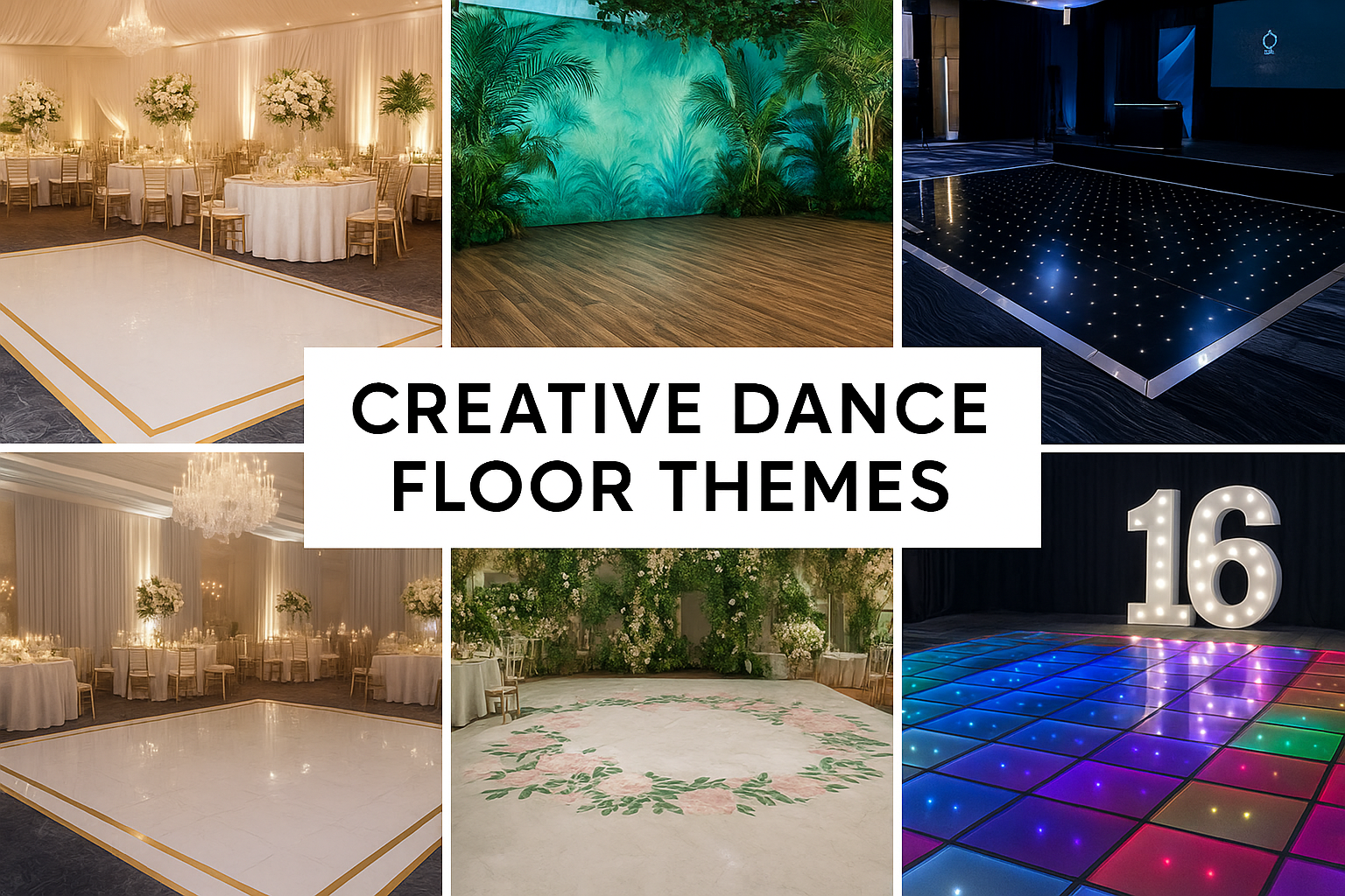 Creative Dance Floor Themes for Weddings and Events Collage of elegant and themed dance floor designs including LED, floral, mirrored, and gold-accented styles for weddings and events.